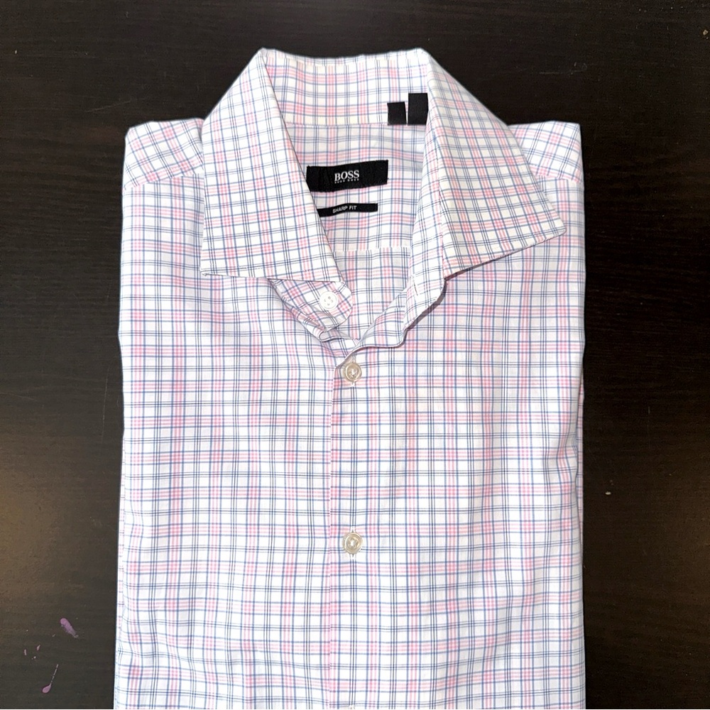 Men’s Boss Sharp Fit Pink, White And Blue Dress Shirt, 16.5 34/35